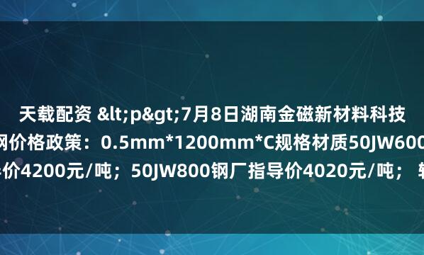 天载配资 <p>7月8日湖南金磁新材料科技有限公司出台无取向硅钢价格政策：0.5mm*1200mm*C规格材质50JW600钢厂指导价4200元/吨；50JW800钢厂指导价4020元/吨； 较上期下调30元/吨。</p>